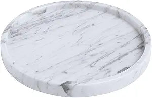 Decorative Round Marble Tray with Anti-Slip Pads, 10 Inches Diameter, Natural White Stone Vanity Organizer (Large)