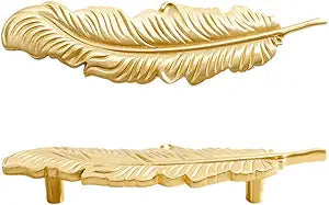 2PCS Solid Brass Feather Cabinet Drawer Handle Knob, Gold Feather Drawer Cabinet Handle Small Handles Modern Minimalist Handles Knobs for Bathroom Kitchen Wardrobe (Hole spacing:96mm)