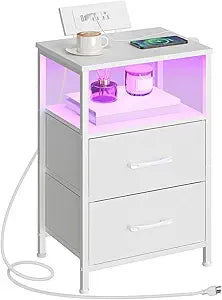 HOOBRO Nightstand with Charging Station, Bedside Table with LED Lights and 2 Fabric Drawers, End Table with 2 AC Outlets and USB Port, Small Night Stand for Bedroom, White WT118UDBZ01