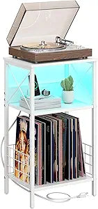 sthmec 3 Tiers End Table with Charging Station, LED Record Player Stand for Vinyl Storage, Vinyl Storage for Albums, Vinyls Shelf Record Player Table for Living Room, Bedroom White