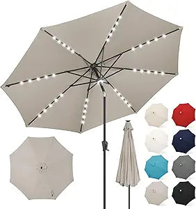 FLAME&SHADE 9 FT outdoor umbrella with 40LED lights, solar light patio umbrella with Centre Surround Light, Table Market Umbrella Outdoor Patiofor Deck, Pool, Backyard, Garden (Taupe)