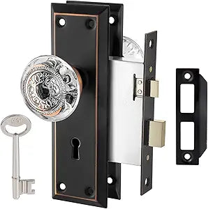Mortise Lock Set Interior Door, Glass Door Knobs with Lock,Old Style Door Knob Replacement, Vintage Antique Door Lock with Skeleton Key,Classic Oil Rubbed Bronze Finish