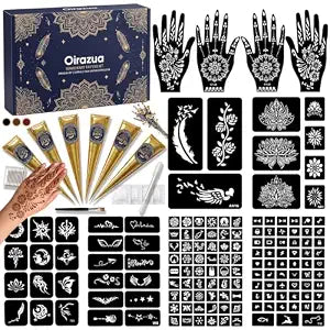 149 Pcs Temporary Tattoo Stencils Kit, 6 Cones (2Black,2Brown,2Red)