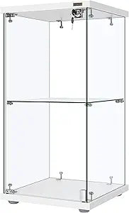 VIVOHOME 2 Layers 15.7''W x 15.7''D x 31.9''H Glass Display Cabinet Showcase Countertop with Lock, Tempered Glass 25mm MDF Base