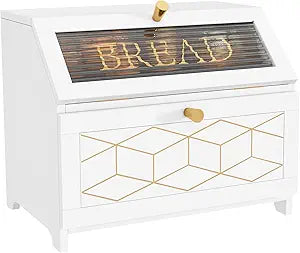 HOLTICO Double Layer Bread Box With Golden Trim for Countertop, Wooden Bread Container for Kitchen Counter, Corner Bread Storage (White)
