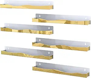 6 Pack Nail Polish Wall Rack Mirror Gold Acrylic Wall Mount Ledges with Stopper 15 Inch Kids Bookshelf Tattoo Ink Essential Oils Figurine Display Shelves Spice Rack for Salons Retailers Home