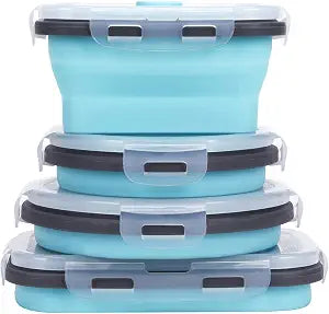 KUON Collapsible Silicone Food Storage Containers with Airtight Lids, Set of 4 Stacking Container, Microwave and Freezer and Dishwasher Safe, with Vent Valve, BPA Free (350ml and 500ml)