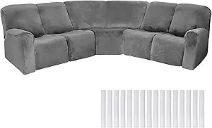 Peryiter 7 Pcs L Shape Sectional Recliner Sofa Covers 5 Seat Sectional Couch Covers Milk Silk Velvet Stretch Reclining Sofa Slipcover Furniture Protector for Living Room(Dark Gray,Velvet)