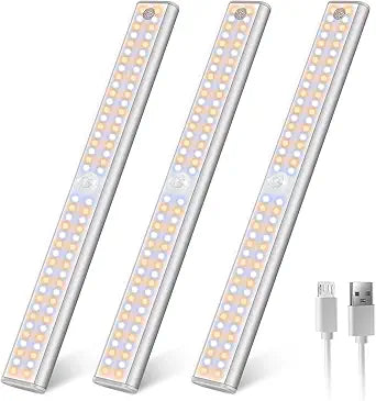 Wireless Motion Sensor Light Indoor, 80 LED Dimmable Closet Lights Rechargeable Under Cabinet Lighting, Magnetic Stick-on Under Counter Lights for Kitchen, Wardrobe, 3-Pack
