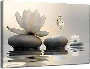 Zen White Lotus Canvas Wall Art Bathroom Decor Painting Pictures Living Room Meditation Spa Posters Prints for Modern Spiritual Yoga Bedroom Decoration Ready to Hang