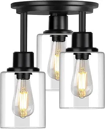 ROTTOGOON Semi Flush Mount Ceiling Light, 3-Light Close to Ceiling Light Fixtures, Matte Black Kitchen Light Fixtures with Clear Glass Shades, Hallway Light Fixtures Ceiling Mount for Foyer Entryway