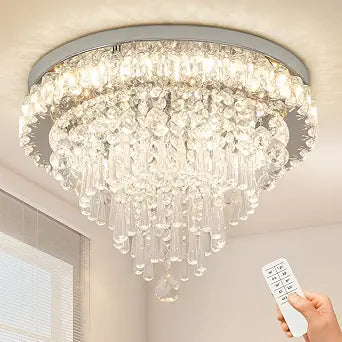 FRIXCHUR Crystal Chandeliers LED Crystal Ceiling Light Fixture with Remote Large Flush Mount Chandelier Ceiling Light for Living Room Bedroom Kitchen (Dimmable)