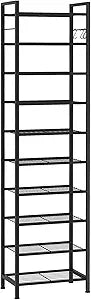 usikey 10 Tiers Narrow Shoe Rack 20-30 Pairs, Sturdy Metal Tall Shoe Rack Shelf with 4 Hooks, Slim Shoe Storage with Metal Shelf, Space Saving Vertical Shoe Organizer for Entryway Black UNYXJX018H