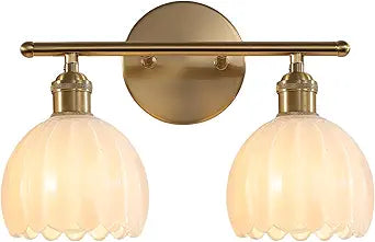 Bathroom Light Fixtures, 2-Light Vanity Wall Light Over Mirror with White Tulip Glass Shade for Bedroom Living Room, Brass Gold