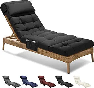 Outdoor Chaise Lounge Chair Cushion Waterproof 74.4 x 22 x 4.7 Inches Lounge Chair Cushions Thickened for Outdoor Furniture with Headrest and Pocket, Replacement Pool Lounge Cushions, Black