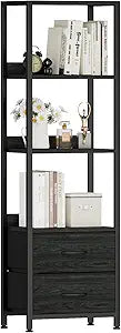 Furnulem 4-Tier Corner Shelf, Bookshelf with 2 Storage Drawers, 57.28Tall Narrow Bookcase, Standing Shelf Organizer Unit for Living Room, Bedroom, Metal Frame, Wood Display Shelf