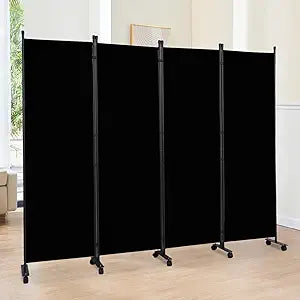 Room Divider 6FT Room Partition with Lockable Wheels, (Thicked Metal Base) Room Dividers, Freestanding Indoor Folding Privacy Screens, Portable Fabric Wall Divider for (Black, 88"- 4 Panel)