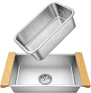 2-in-1 Over the Sink Colander & Dish Basin Combo, Dishpan for Kitchen Sink, Stainless Steel wash basin With Strainer Basket, Vegetable and Fruit Washing, Food Straining & Dish Washing
