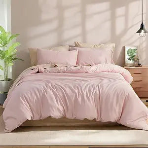 100% Cotton Comforter Set Twin Size  Pink, Linen-Like Texture, Super Soft & Breathable Lightweight Bedding Set, 3-Piece Durable Percale Comforter for All Seasons