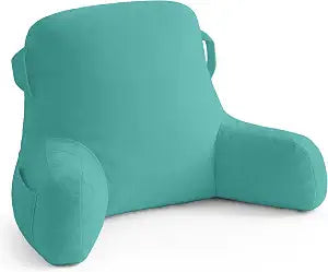 Unisakey Portable Comfy Reading Pillows for Bed Sitting Up(Lake Blue Oeko-Tex), Velvet Back Pillow with Arms & Pockets for Adults, Support Memory Foam Bed Pillow for Dorm/Reading/Watching/Gaming