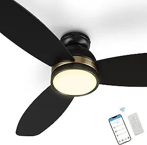 SMAAIR Smart Ceiling Fans with Lights for Bedroom, 48 Inch Low Profile Modern Ceiling Fan with Light and Remote/APP/Voice Control, Flush Mount, 3 Blades, Dimmable, DC Motor, Indoor/Outdoor Use, Black