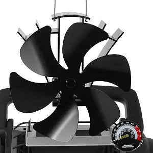 VODA Wood stove fan Heat Powered 6 Blades Fireplace Fans, Non Electric Thermal Heater Fan (Bracket Included) for Wood Buring Stoves & Heaters, w/Stove Thermometer Accessories