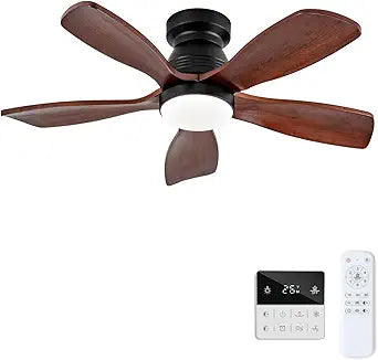 36 Inch Black Ceiling Fans with Lights and Remote,Low Profile Ceiling Fan with Light,Power-Off Memory,Dimmable,Wood Blades,Power-Off Memory,Flush Mount, Indoor Outdoor Modern Ceiling Fan for Bedroom