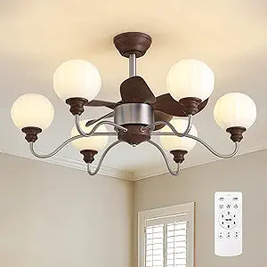 35" Large Ceiling Fans with Lights and Remote Control Luxury Mid Century Fandelier 6 Speeds 6 Lights Vintage Globe Chandelier Fan for Living Room Dining Room Bedroom