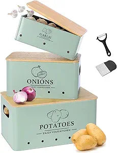Kitchen Vegetable Storage Set of 3, Metal Onion Garlic Potato Storage Set, Kitchen Canisters Vegetable Keeper Containers with Aerating Holes and Wooden Lid (Sage Green)