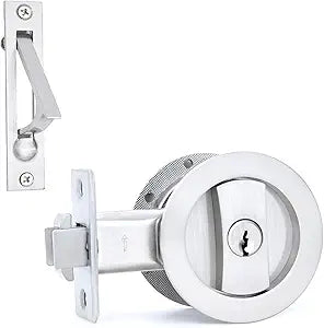 Dontay Pocket Door Keyed Lock with Handles, Round Contemporary Entrance Sliding Barn Door Lock Latch, Recessed 2 Sided, 2-3/8 inch Backset, Flush Handles Hardware (1, Brushed Nickel)