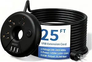Extra Long Extension Cord 25 Ft, NTONPOWER Flat Plug Power Strip with 3 Outlets 3 USB Ports, Compact Desktop Charging Station with Switch for Home, Office, TV, Nightstand, Dorm Room Essentials, Black