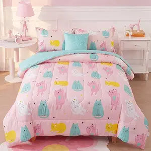 ADASMILE A & S 6Pcs Cat Comforter Twin for Girls Pink Cute Cats Bedding Set
