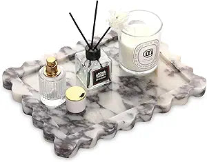 Scalloped Marble Decorative Tray,Luxury Natural Calcutta Stone Bathroom Vanity Tray, Dresser Top Perfume Coffee Home Kitchen Toilet Sink Tray, Key Trinket Ring (Calacatta Viola, 10.8 * 8)