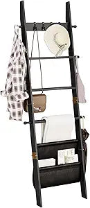 ELYKEN Blanket Ladder for Living Room, 5-Tier Wooden Towel Rack with Synthetic Leather Pocket, 4 Removable Hooks, Decorative Leaning Ladder Shelf for Bedroom, Black