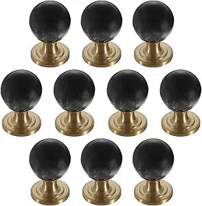 10 Pack Brass Cabinet Knobs and Pulls - Round Cabinet Knobs Head with Copper Base, Vintage Hardware Handles for Dresser Kitchen Closet Cupboard Drawer - Black