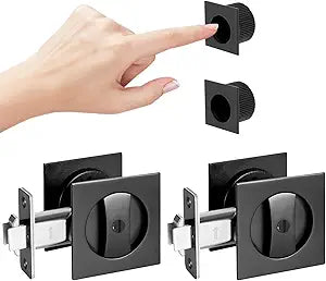 Black Pocket Door Hardware, 2 3/8" Backset, Matte Black Pocket Door Lock for Bathroom, Heavy Duty Solid Square Pocket Door Hardware(2 Pack)