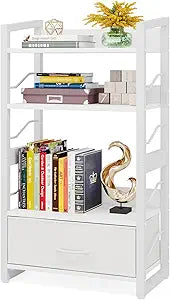 Hosfais Small Bookshelf with Drawer - 4-Tier Wood Book Shelf Industrial Narrow Bookcase Storage Organizer Metal Stackable Shelves for Desktop Bedroom Living Room Home Office (White)
