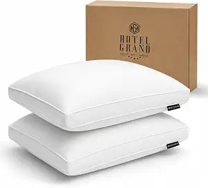 Hotel Grand Goose Feather and Down Fiber Bed Pillows Queen Size Set of 2, Firm Gusseted Pillows with 100% Cotton Cover, Softy-Around Hotel Collection Pillows for Side and Back Sleepers, White