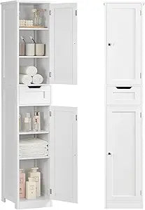 Iwell Tall Bathroom Cabinet, Slim Narrow Bathroom Storage Cabinet with Adjustable Shelves, Storage Cabinets with 1 Drawer, for Bathroom, Living Room, Entryway, Kitchen, White