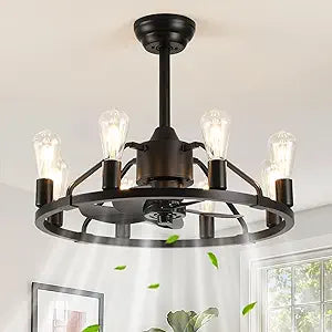 23.6" Wagon Wheel Ceiling Fan with Lights, 8 E26 Sockets Farmhouse Black Fandelier, Ultra-Quiet DC Motor 6 Speeds with Remote Control, Flush Mount for Bedroom Kitchen Dining Room