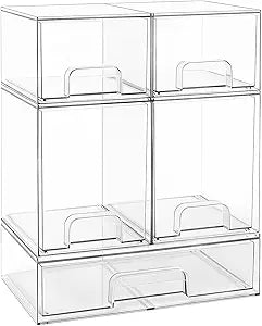 Baby Bottle Organizer Stackable, Acrylic Storage Drawers 5 pack with Non-Slip Pads, Pull-Out Drawers for Baby Bottle, Pump Parts, Pantry, Vanity Countertop (4.4" and 7.6" Tall and 12.1" Wide)