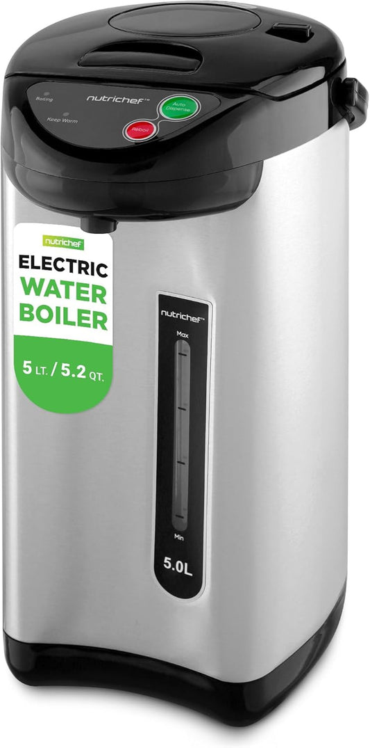 NutriChef 5.2 Qt Electric Water Kettle, Portable, Quick Heating, 5 Liter Digital Kettle with 5 Temperature Settings, Safety Lock, Stainless Steel, 3 Dispensing Options, 8.46' x 11.2' x 16.5