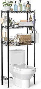 Hodonas Over The Toilet Storage Shelf, Adjustable Bathroom Organizer with Toilet Paper Holder & 8 Hooks, 3 Tier Sturdy Metal Space Saver for Bathroom/Kitchen, Easy Assembly Above Toilet Shelf, Black