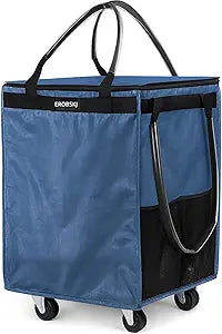 (Medium,Blue) Reusable Grocery Bag on Wheels, 70L Foldable Rolling Tote, Extra Storage for Shopping, Laundry & Moving, Zipper Clouser Shopping Carts for Camping, Moving, 4 Heavy Duty Wheels