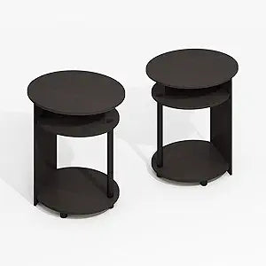 Furinno Modern Side Table Set of 2, 3-Tier Round Oval Tabletop End Table with Open Shelf, Easy Assembly Night Stand, Bedside Table, for Living Room, Bedroom, Black Walnut
