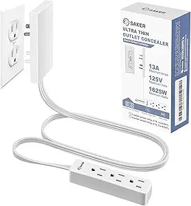 Saker Outlet Cover with Flat Extension Cord, 3-Outlet Extender, 5ft