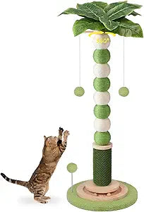 Luxury Cat Scratching Post,41'' Tall Heavy Duty Stable Scratcher Tree with Natural Sisal 360 Rotatable Hanging Balls Wood Interactive Toys Self Grommer Brush for Indoor Large Cats Home Decor