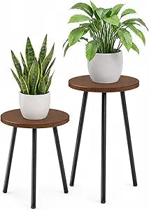 2 Pack Plant Stand Set: Tall and Short Round Wood Grain Plant Tables with Metal Legs - Indoor Outdoor Side Tables for Living Room, Bedroom, Patio, Balcony, Brown, 150 lbs Capacity