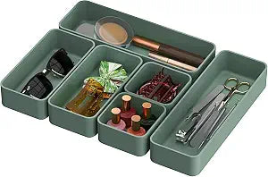 CHANCETSUI 6 PCS Stackable Drawer Organizers Set, Versatile Desk and Vanity Drawer Organizer Trays, Storage Bins for Makeup, Bathroom, Bedroom, Kitchen and Office, Green