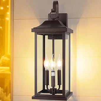 3-Light Extra Large 23 Outdoor Light for House Oil Rubbed Bronze, IP65 Waterproof Brown Exterior Light Fixture with Clear Tempered Glass Outside Wall Mounted Lamp Front Porch Light, E12